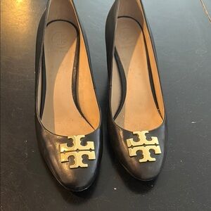 Tory Burch Inspired Black Leather Heels with Gold Logo Accent